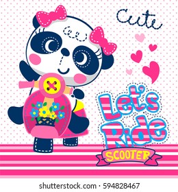 Cute panda girl on scooter on pink polka dots background illustration vector.