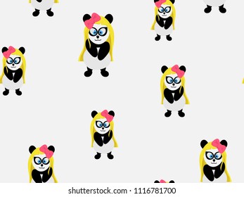 Cute panda girl with a pink bow. Seamless pattern.