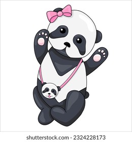 
Cute panda girl with a pink bow and a bag on a white background. Vector illustration. Beautiful black and white animal.