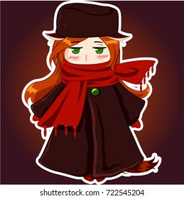 Cute panda girl with red hair and green eyes. Vector illustration. Cartoon sticker in japanese comic style. Isolated on dark background.