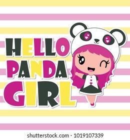Cute panda girl says hello vector cartoon illustration for kid t-shirt background design, postcard, and wallpaper