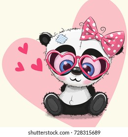 Cute Panda girl in sunglasses on a heart background