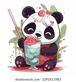 Cute panda with a glass of boba. Vector illustration.