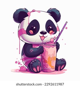 Panda lindo con un vaso de boba. Ilustración vectorial.