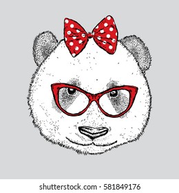 Cute Panda with glasses and a bow. Vector illustration.
