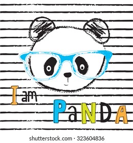 cute panda with glasses on striped background vector illustration