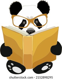 Cute panda in glasses reading book. Cartoon style hand drawing children vector illustration. 