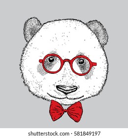 Cute Panda with glasses and tie. Vector illustration.

