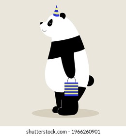 cute panda is going to a birthday party. the picture can become a postcard and a birthday greeting