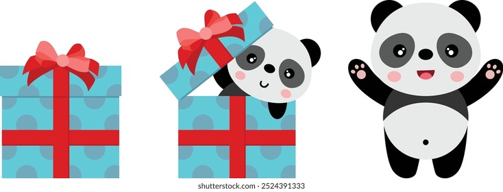 Cute panda going out of blue birthday gift with red ribbon bow
