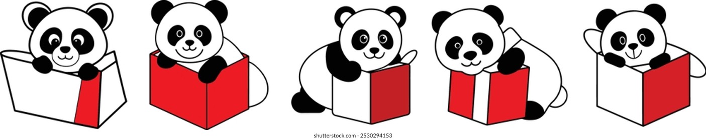 Cute panda going out of blue birthday gift with red ribbon.