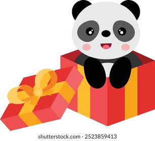 Lindo panda saliendo de regalo rojo abierto
