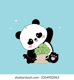 cute; cute panda with good luck leaf waving hand, vector illustration. editable stroke