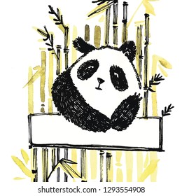 Cute panda in graphic style with bamboo. Vector hand drawn illustration.