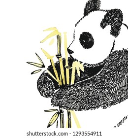 Cute panda in graphic style with bamboo. Vector hand drawn illustration.