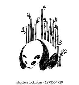 Cute panda in graphic style with bamboo. Vector hand drawn illustration.