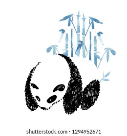 Cute panda in graphic style with bamboo. Vector hand drawn illustration.