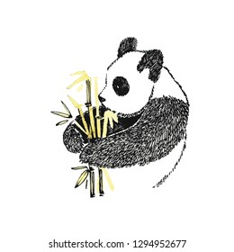Cute panda in graphic style with bamboo. Vector hand drawn illustration.