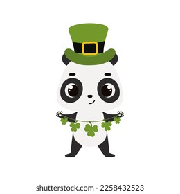 Cute panda in green leprechaun hat with clover. Irish holiday folklore theme. Cartoon design for cards, decor, shirt, invitation. Vector stock illustration.