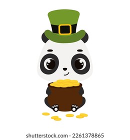 Cute panda in green leprechaun hat holds bowler with gold coins. Irish holiday folklore theme. Cartoon design for cards, decor, shirt, invitation. Vector stock illustration.