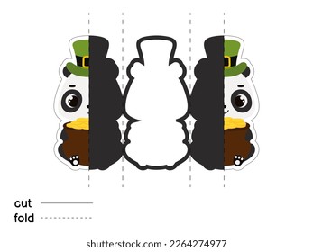 Cute panda in green leprechaun hat holds bowler with gold coins. Irish holiday folklore theme. Fold long greeting card template. Printable color scheme. Print, cut out, fold. Vector illustration.