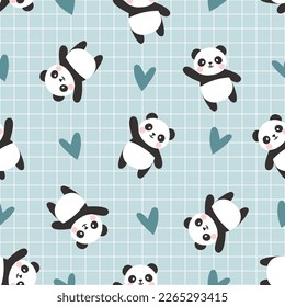 Cute panda grid texture pastel blue seamless pattern with hearts, fabric and textile kids animals design