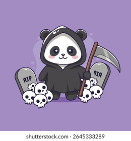  Cute Panda Grim Reaper Halloween . vector Illustration