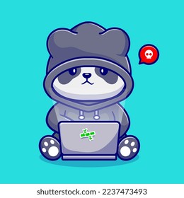 Cute Panda Hacker Operating Laptop Cartoon Vector Icon Illustration. Animal Technology Icon Concept Isolated Premium Vector. Flat Cartoon Style