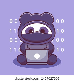 Cute panda hacker operating laptop mascot technology logo