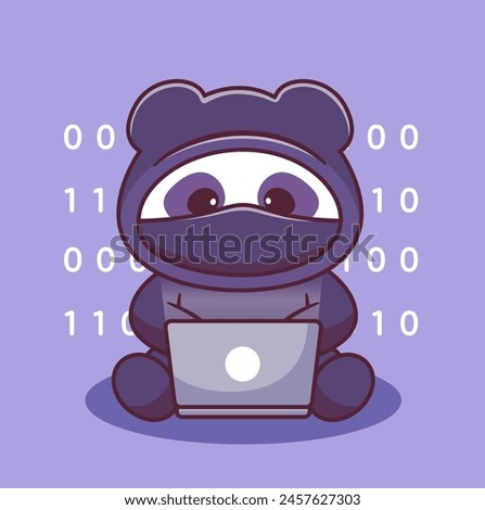 Cute panda hacker operating laptop mascot technology logo