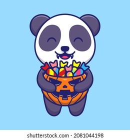 Cute Panda in Halloween Costume Cartoon Vector Icon Illustration. Animal Holiday Icon Concept Isolated Premium Vector. Flat Cartoon Style