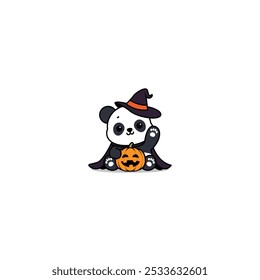 Lindo panda con disfraz de halloween abrazando dibujos animados de calabaza de halloween, Ilustración vectorial