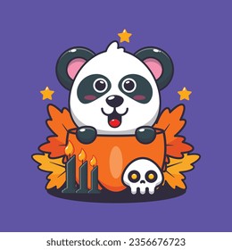 Cute panda in halloween pumpkin. Cute halloween cartoon illustration.