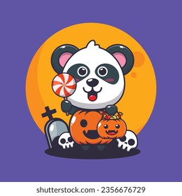 Panda lindo con disfraz de calabaza de halloween. Ilustración de dibujos animados de Halloween.