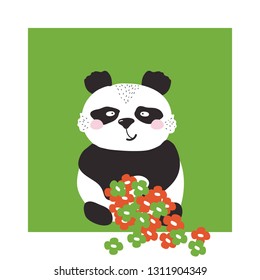 Cute panda hand drawn children vector illustration. Baby graphic for kids t-shirt print. Poster with chinese black and white bear with flower. Smile funny color animal portrait on green background.