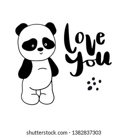 Cute panda hand drawn illustration. Cartoon character. Love you lettering. Postcard, children's greeting card design, sticker and poster