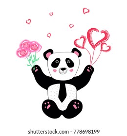 Cute panda hand drown character. Panda bear Valentine in a tie with flowers and balloons hearts. Doodle panda icons, Asian Bear images for little kids, for greeting card. EPS10