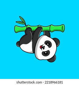 Cute Panda Hanging Bamboo Cartoon Vector Icons Illustration. Flat Cartoon Concept. Suitable for any creative project.