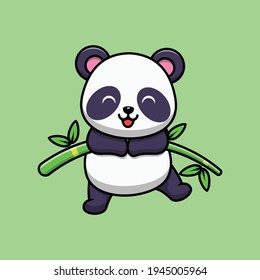 cute panda hanging on bamboo