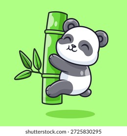 Panda lindo que cuelga en la ilustración del icono del Vector de dibujos animados de bambú. Icono de Naturaleza Animal Concepto Aislado Premium Vector. Estilo plano de la historieta