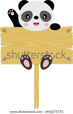 Cute panda hanging on an empty wooden board