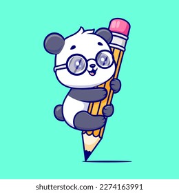 Cute Panda Colgando En Lápiz Icono Vector Ilustración. Concepto de icono de educación animal Vector Premium aislado. Estilo de dibujo plano