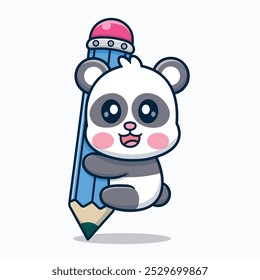 Cute Panda Hanging On Pencil Cartoon Vector Icon Illustration. Animal Education Icon Concept Isolated Premium Vector. Education Cartoon Style