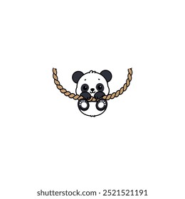 Cute panda hanging on rope cartoon, vector illustration