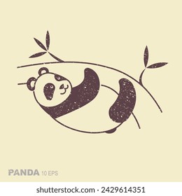 Cute panda hanging on a tree. Simple flat icon in retro style. Vector Illustration