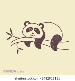 Cute panda hanging on a tree. Simple flat icon in retro style