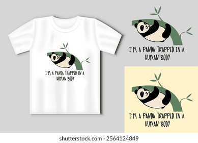 Cute panda hanging on a tree. Simple flat icon with a funny inscription on the mockup t-shirt