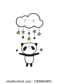Cute panda with happy cloud and stars. Vector Illustration.