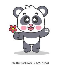 Cute Panda Is Happy Holding Flowers Vector Illustrator, Animals Nature Cartoon Premium Vector, Cartoon Style
