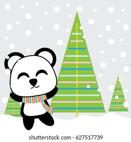 Cute panda is happy on snow background vector cartoon, Xmas postcard, wallpaper, and greeting card, T-shirt design for kids